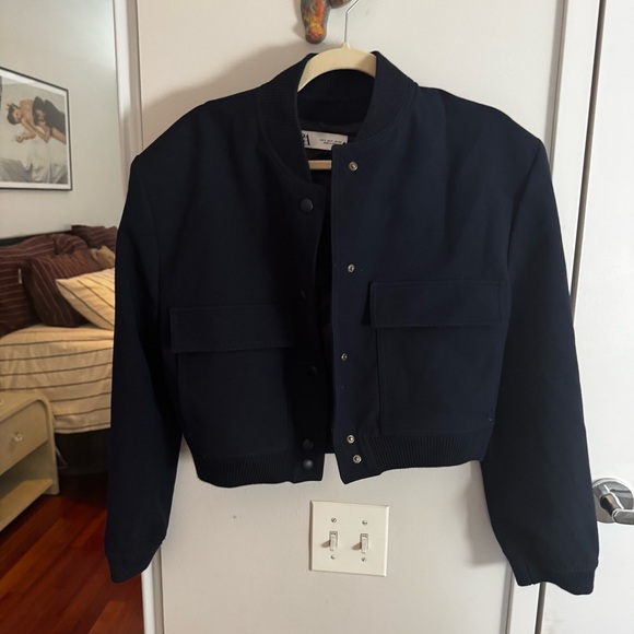 ZARA Padded Shoulder Bomber Jacket Women Crop Coat - Navy - Picture 2 of 5